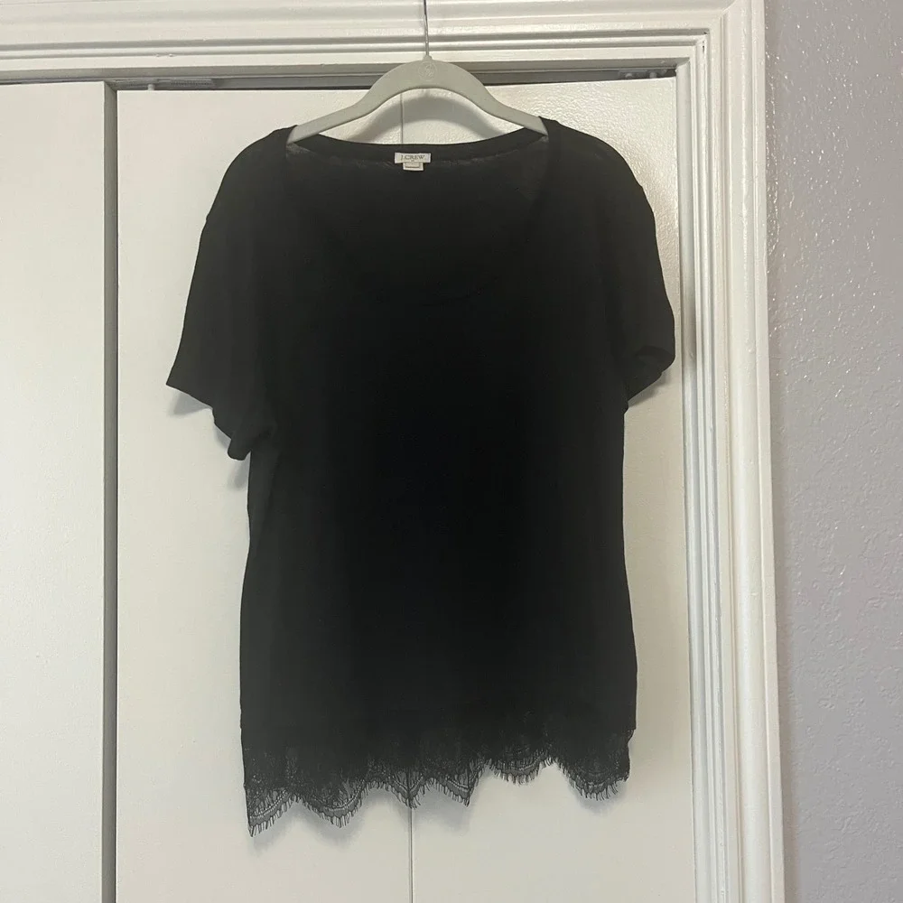 J. Crew Black Lace Trim Blouse Short‎ Sleeve Casual Top Size L